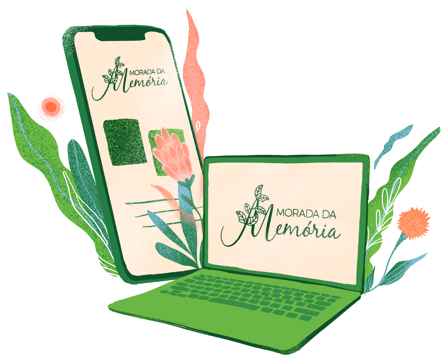 Ilustração da plataforma Morada da Memória em celular e computador